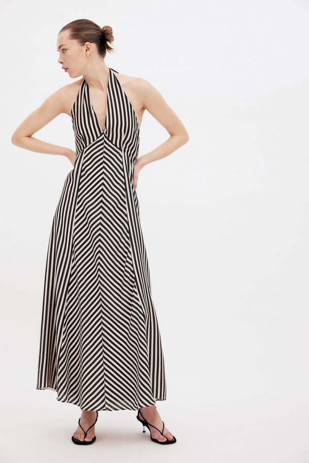 H&M Long Halterneck Dress Cream/striped