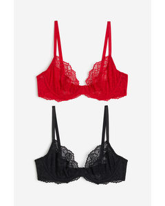 2-pack Non-padded Lace Bras Red/black