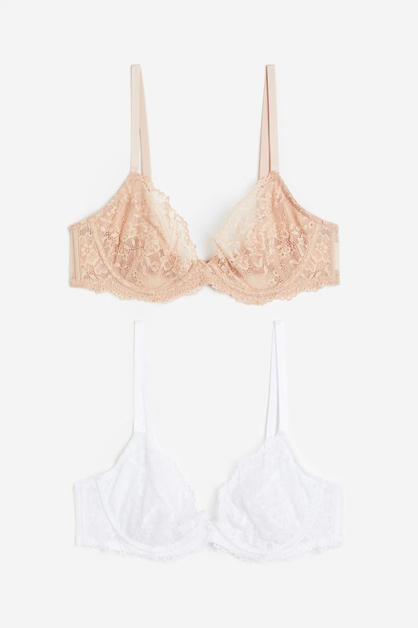 H&M 2-pack Non-padded Lace Bras White/powder Pink