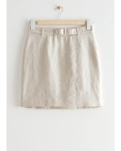 Belted Linen Mini Skirt Cream