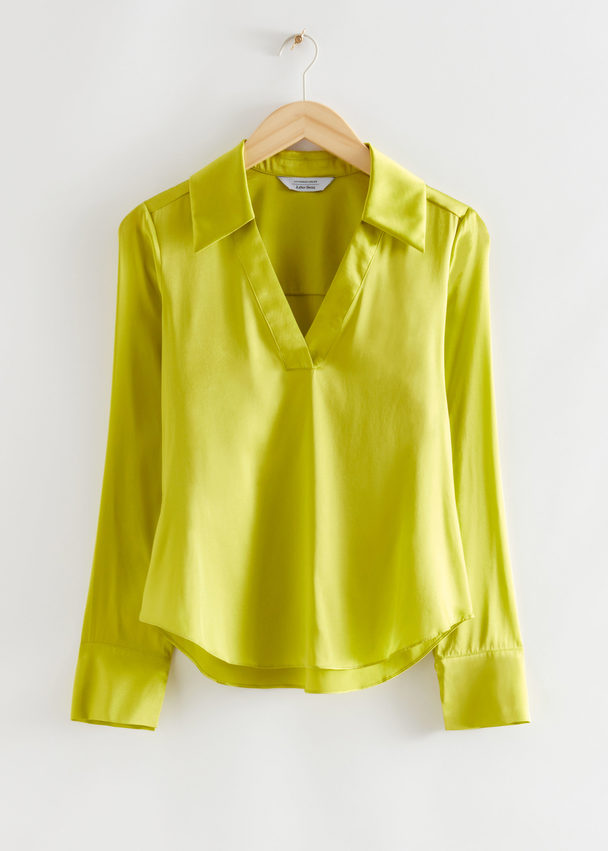 & Other Stories Boxy Fit Silk Shirt Lime Green