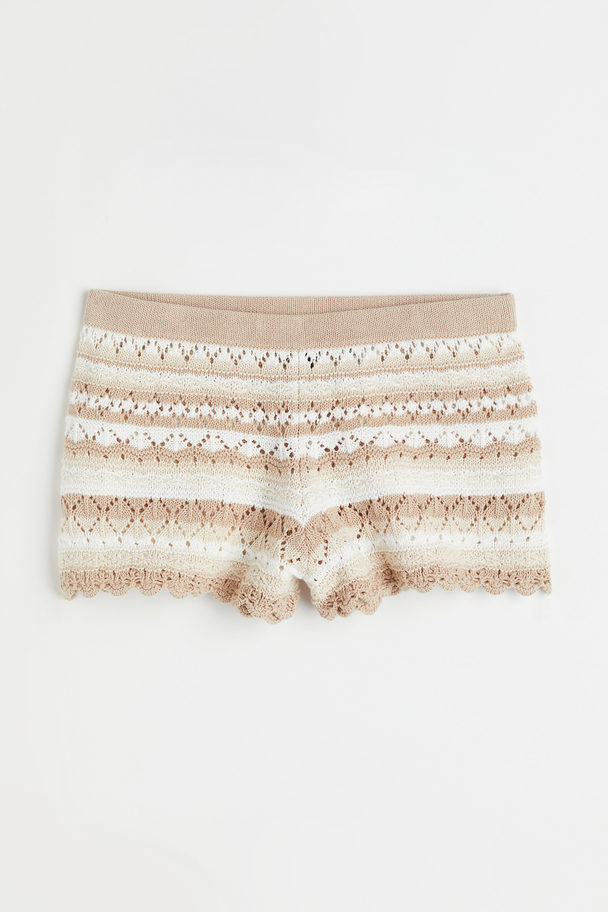 H&M Crochet-look Shorts Light Beige/striped