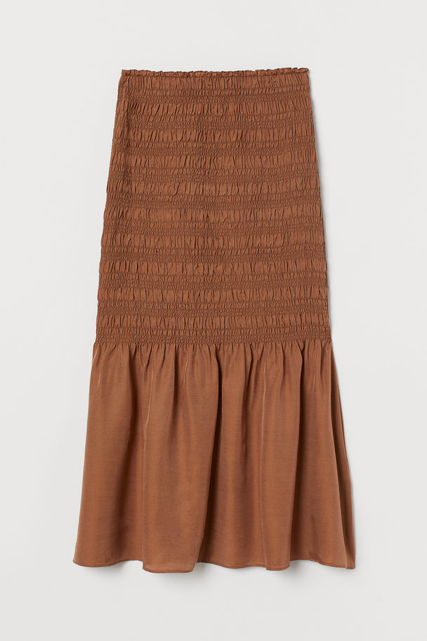 H&M Smocked Silk-blend Skirt Dark Beige