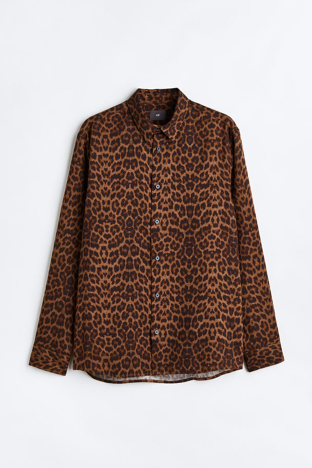 H&M Regular Fit Patterned Shirt Dark Beige/leopard-print