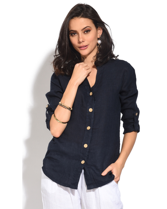 Le Jardin du Lin Tunisian Collar Buttoned Blouse With Long Attachable Sleeves