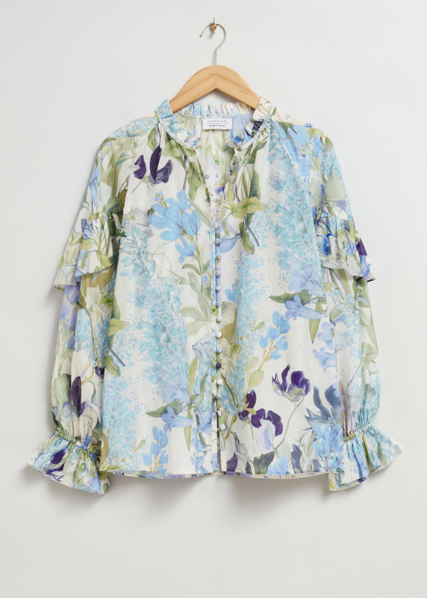 & Other Stories Relaxed Frill Detail Blouse Beige/blue Floral Print