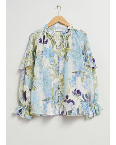 Relaxed Frill Detail Blouse Beige/blue Floral Print