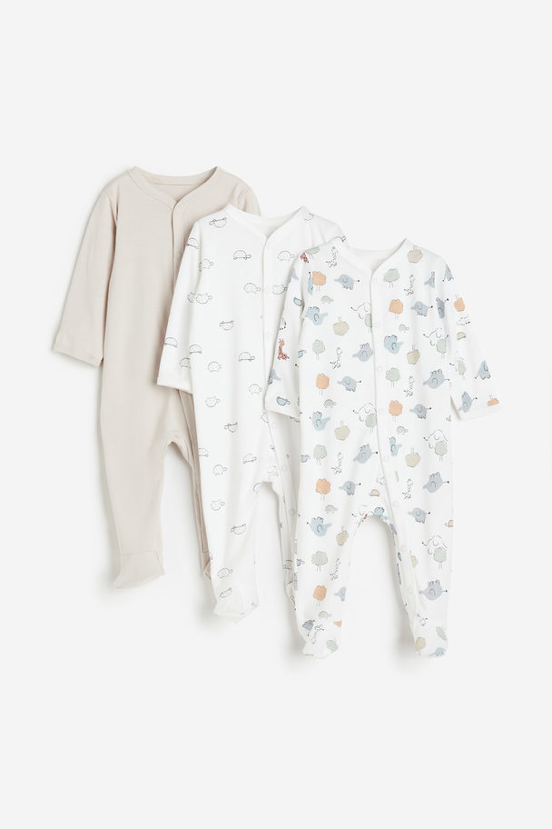H&M 3-pack Sleepsuits With Full Feet Light Greige/animals