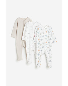 3-pack Sleepsuits With Full Feet Light Greige/animals