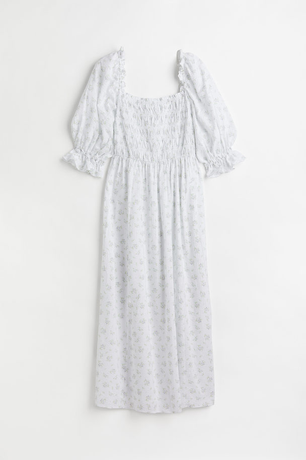 H&M Geblümtes Kleid mit Puffärmeln Weiß/Geblümt