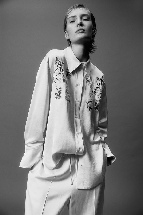 H&M Oversized Embroidered Shirt Cream