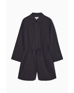 Long-sleeved Poplin Playsuit Black