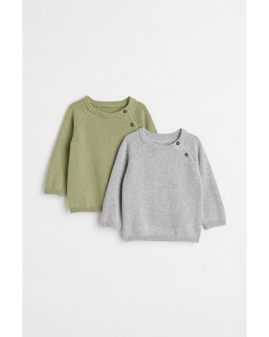 H&M 2-pack Fine-knit Jumpers Khaki Green/grey Marl