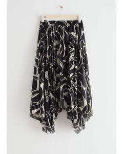 Pleated Asymmetric Midi Skirt Black Print