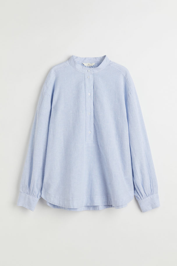 H&M Popover Linen-blend Shirt Light Blue/white Striped