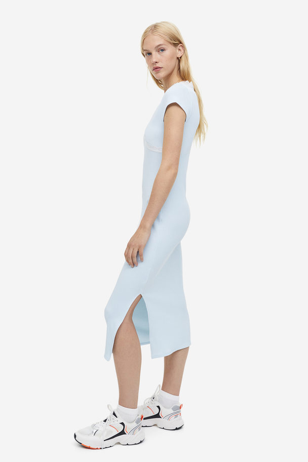 H&M Lace-trimmed Ribbed Dress Light Blue