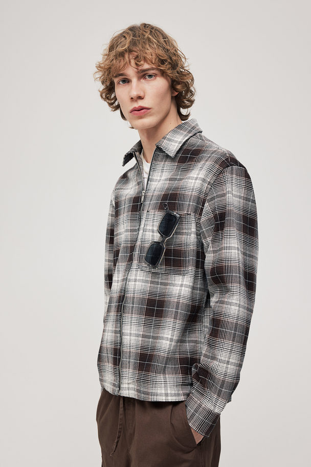 H&M Loose Fit Zip-through Overshirt Brown/checked