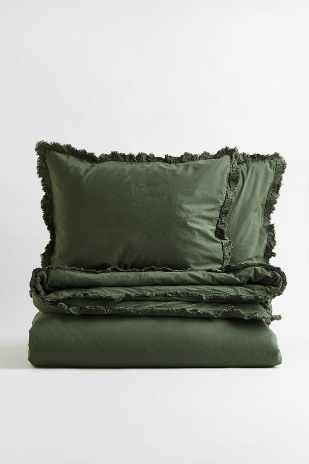 H&M HOME Frill-trimmed Double/king Duvet Cover Set Dark Green