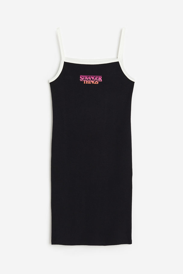 H&M Printed Ribbed Dress Black/stranger Things