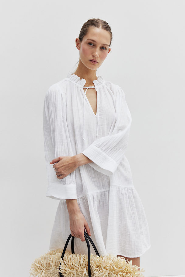 H&M Kleid aus Baumwolle mit Kordelzügen Weiß