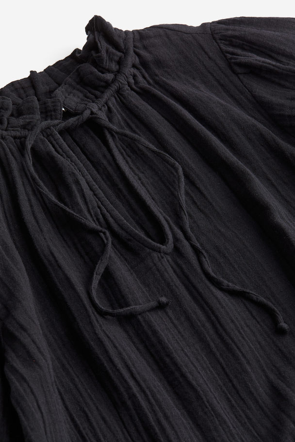 H&M Kleid aus Baumwolle mit Kordelzügen Schwarz