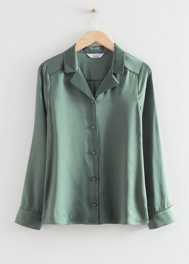 & Other Stories Buttoned Silk Pyjama Top Green