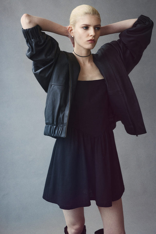H&M Linen-blend Flared-skirt Dress Black