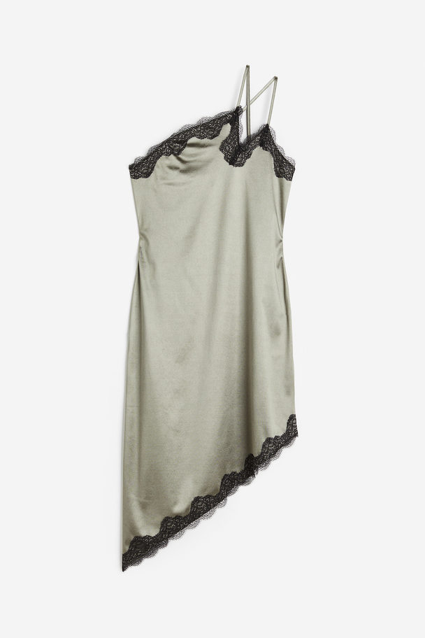 H&M One-Shoulder-Kleid aus Satin Helles Khakigrün