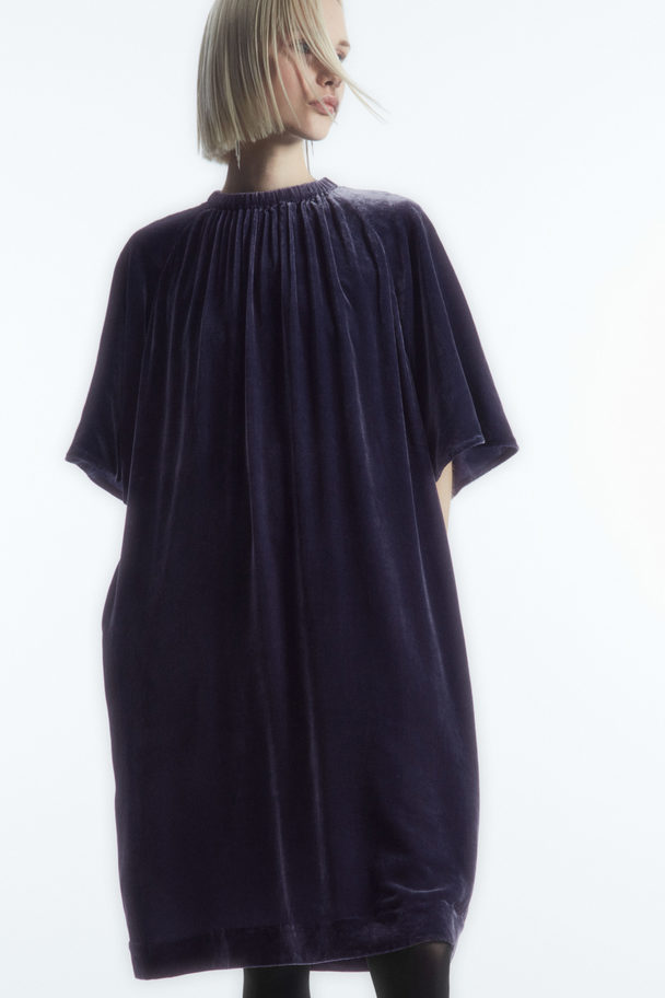 COS Gathered Silk-blend Velvet Midi Dress Navy