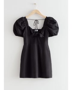 Bow Detail Linen Mini Dress Black