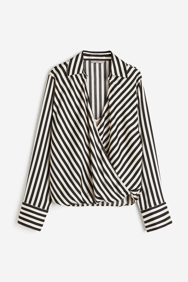 H&M Wrapover Satin Blouse Black/striped