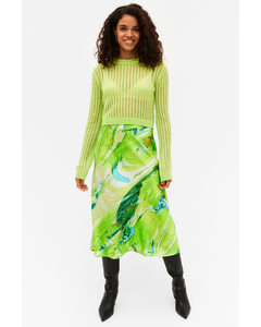 Grøn Midi-nederdel I Satin Med Print Flydende Knaldgrøn