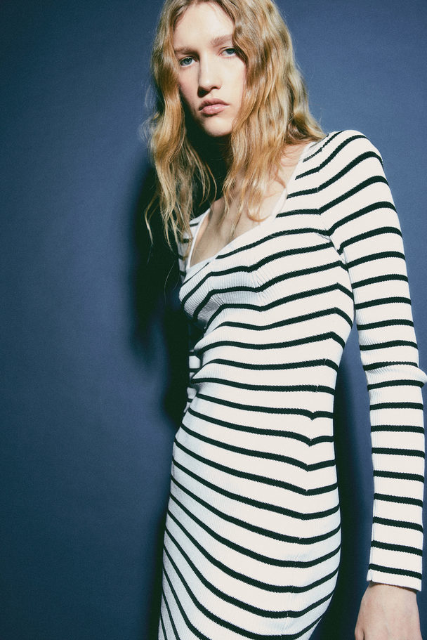 H&M Rib-knit Sweetheart-neck Bodycon Dress White/striped