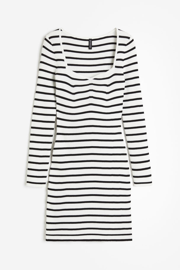 H&M Rib-knit Sweetheart-neck Bodycon Dress White/striped