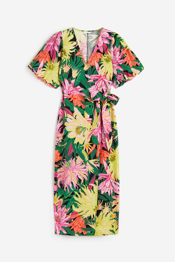 H&M Puff-sleeved Wrap Dress Green/floral