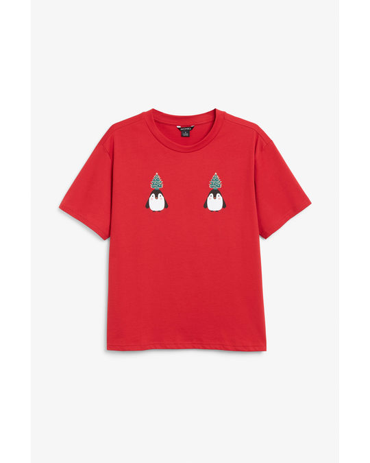 Monki Holiday T-shirt Penguin And Tree