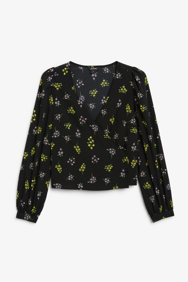 Monki Long Sleeved Crepe Wrap Blouse Pink & Yellow Flower Bouquets