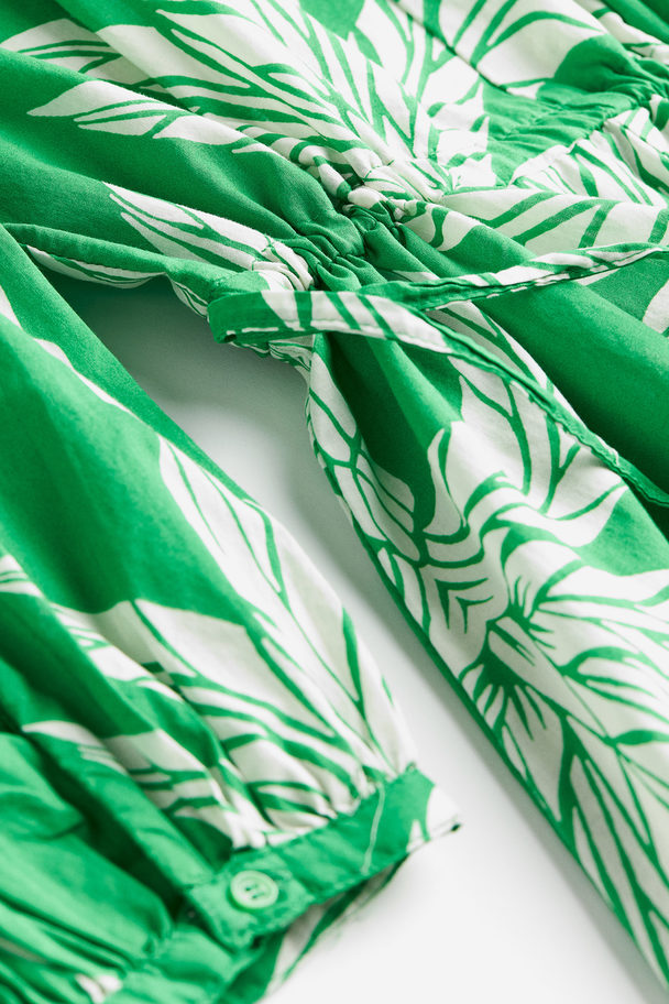 H&M Baumwollkleid mit Bindedetail Grün/Palmen
