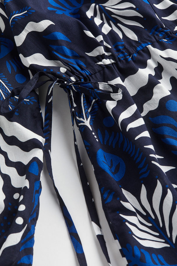 H&M Tie-detail Cotton Dress Navy Blue/patterned