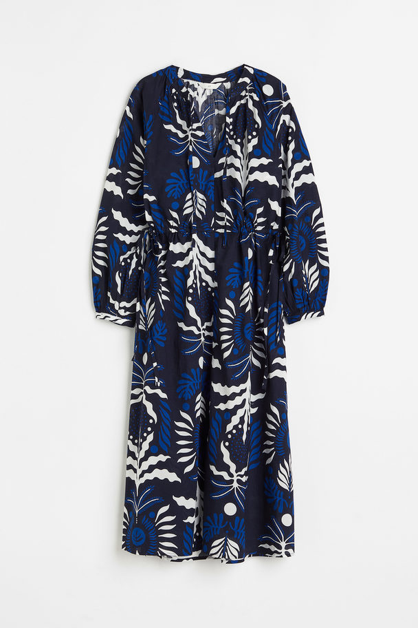 H&M Tie-detail Cotton Dress Navy Blue/patterned