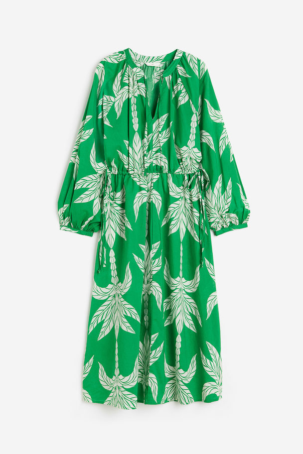 H&M Tie-detail Cotton Dress Green/palm Trees