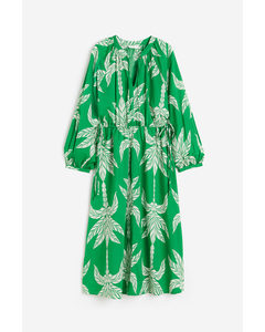 Tie-detail Cotton Dress Green/palm Trees