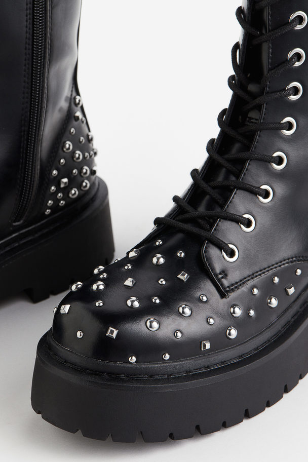 H&M Studded Lace-up Boots Black