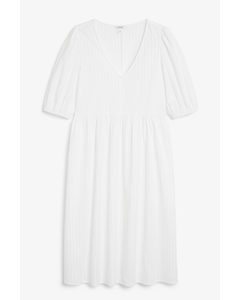 White Shirred Detail V-neck Dress White