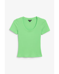 Green Ribbed Scoop Neck Tee Bright Green