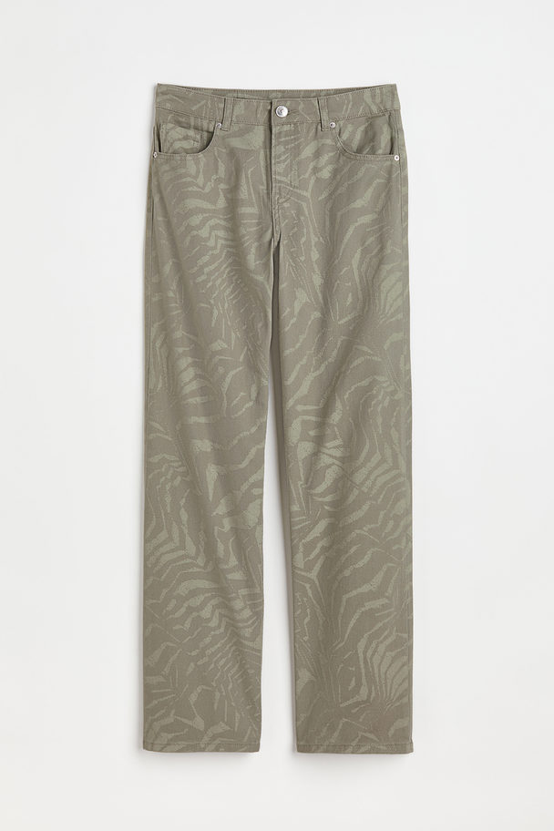H&M Wide Twill Trousers Khaki Green/patterned