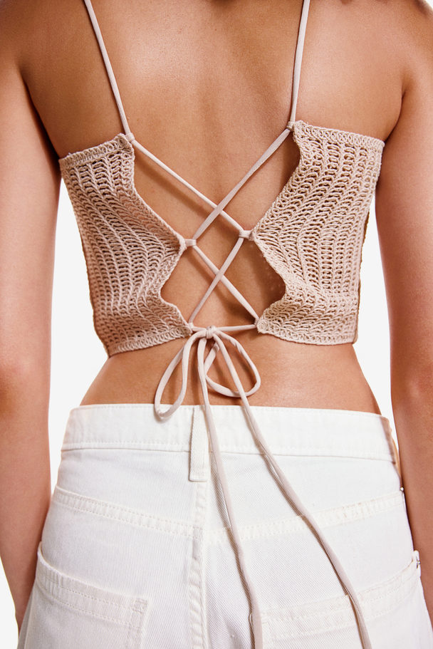 H&M Tie-detail Crochet-look Top Light Beige