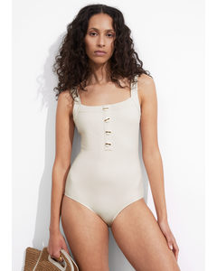 Button-detailed Swimsuit White