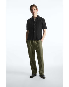 Straight-leg Elasticated Linen Trousers Dark Khaki Green