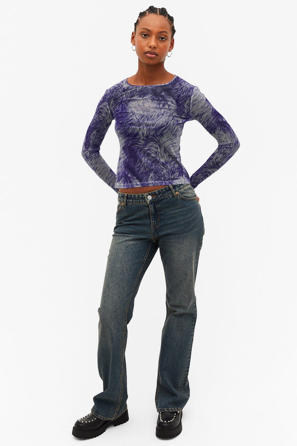Monki Long Sleeve Mesh Top With Thumbholes Purple Fur Print